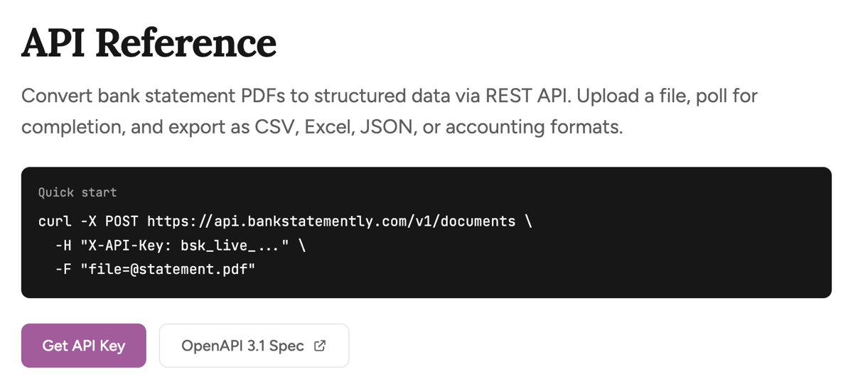 API Reference showing a curl command to convert bank statements via REST API
