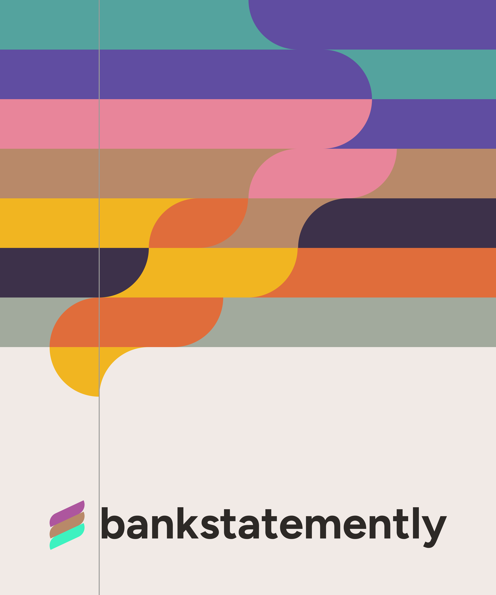 The source poster: eight horizontal bars in plum, teal, violet, sage, tan, orange, rose and amber, their boundaries quarter-turn curves, with the Bankstatemently logo seated on a vertical guide line at the foot. Opens the generator.