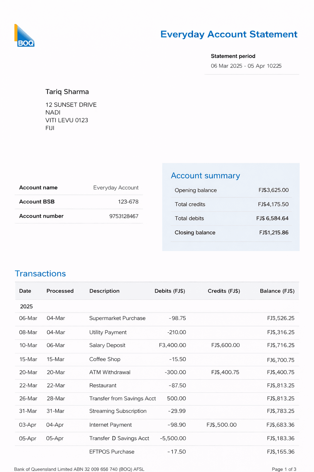 Example BOQ bank statement