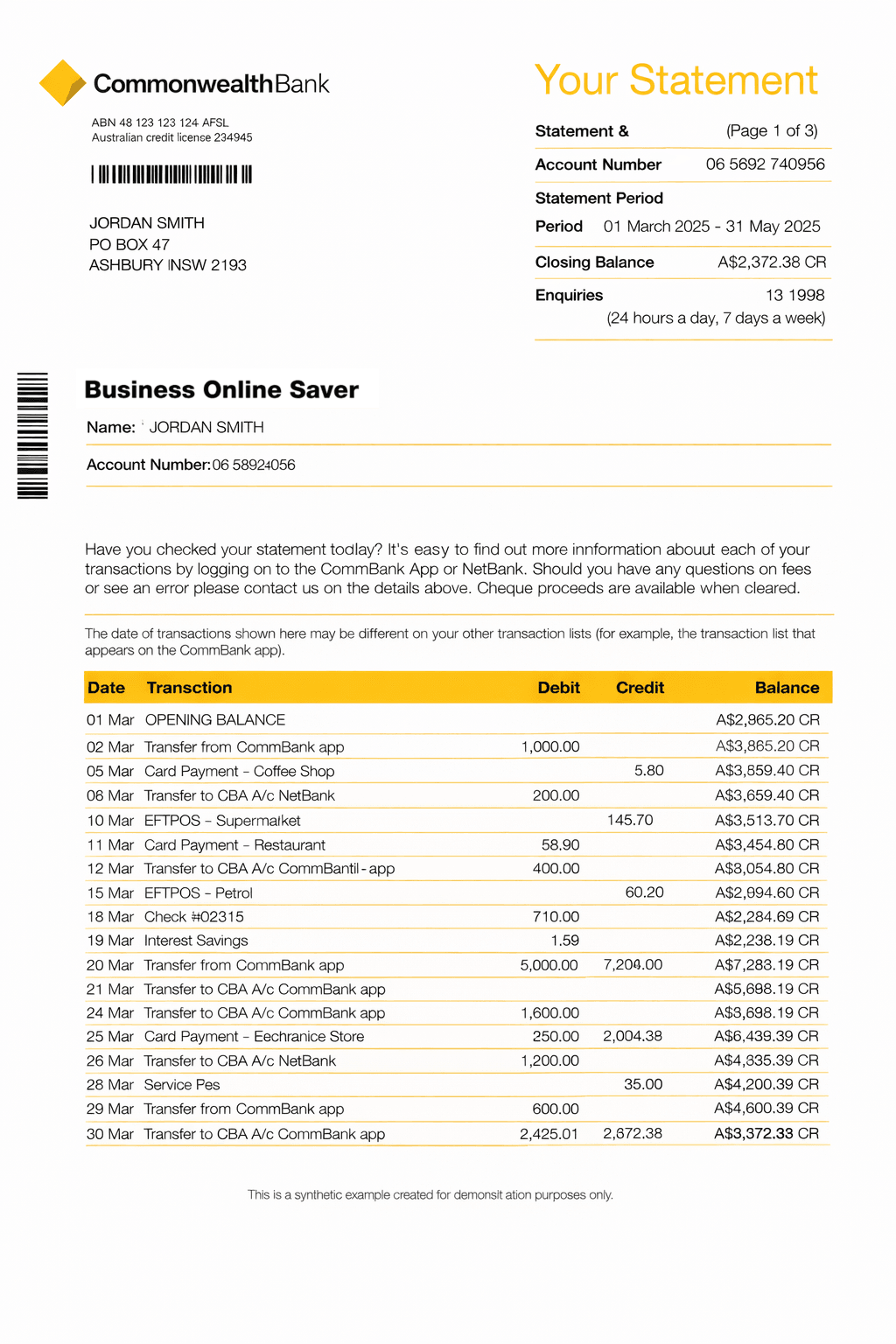 Example CommBank bank statement