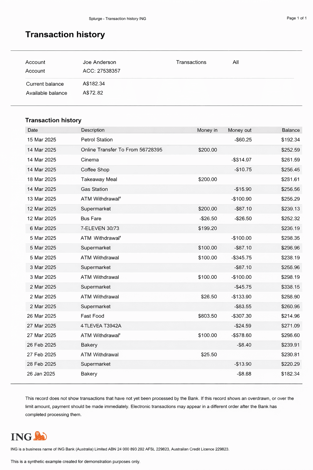 Example ING Bank bank statement