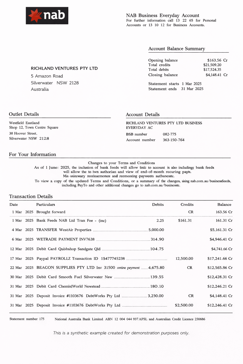 Example National Australia Bank bank statement