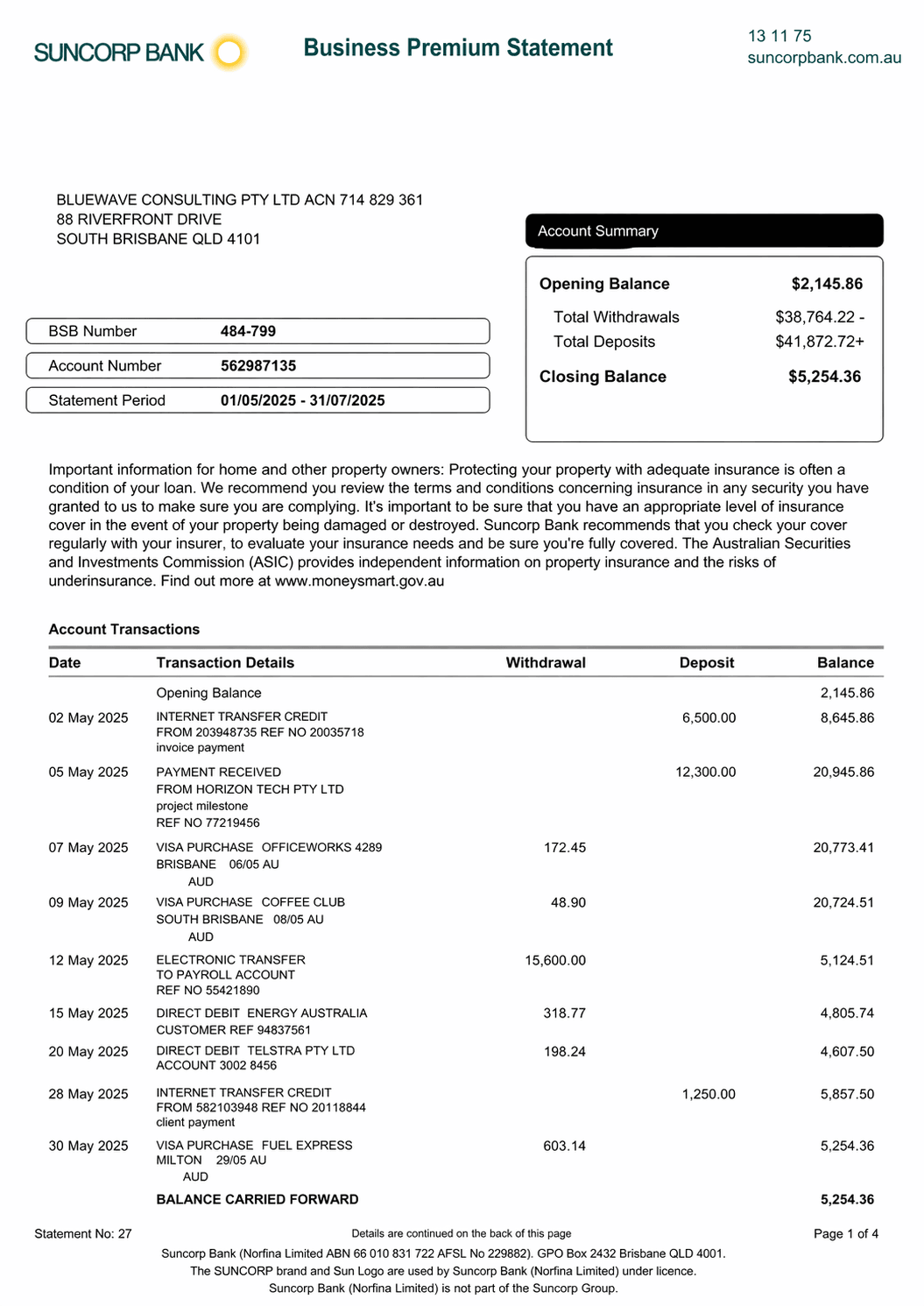 Example Suncorp bank statement