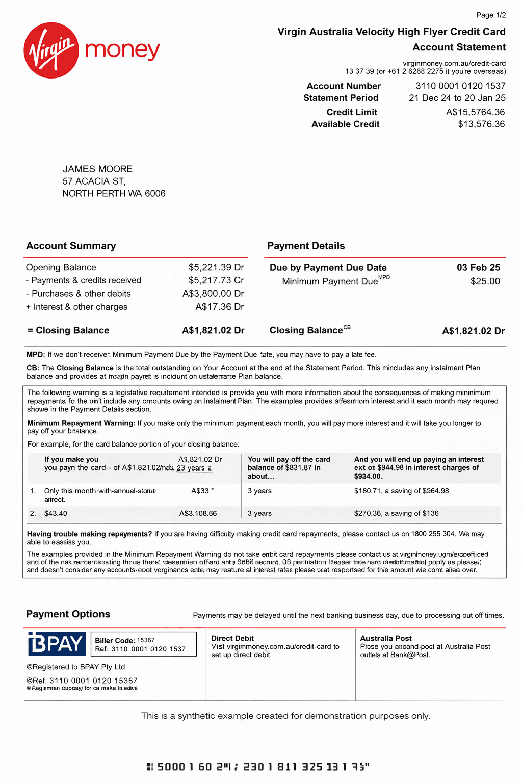 Example Virgin Money credit card statement