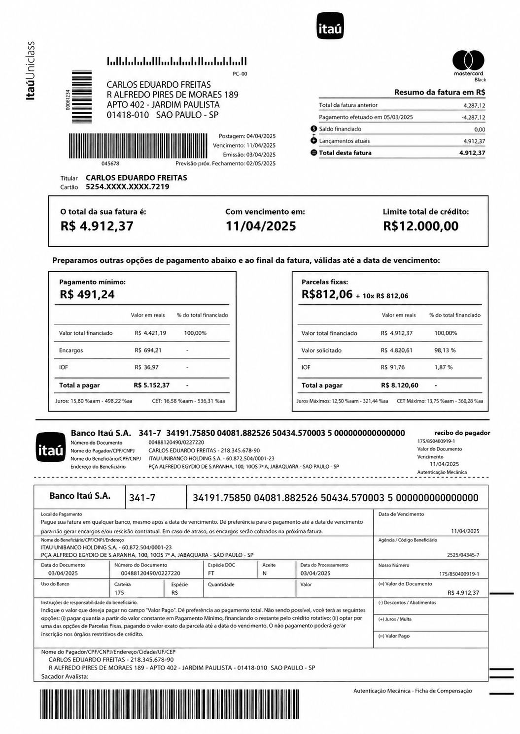 Example Itaú credit card statement
