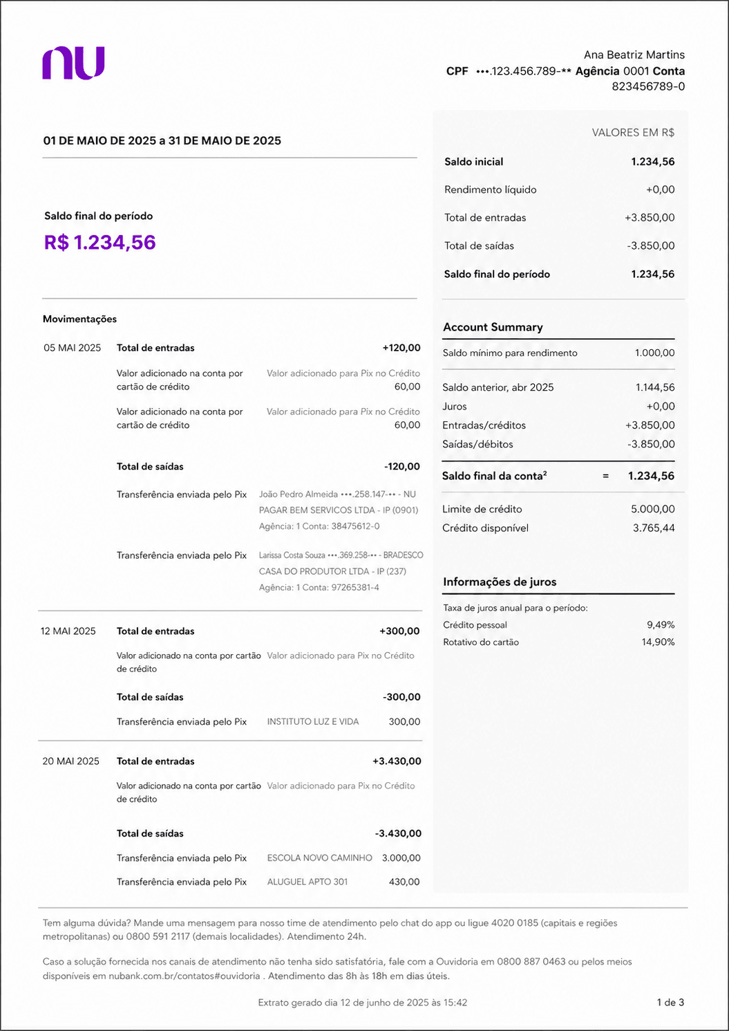 Example Nu bank statement