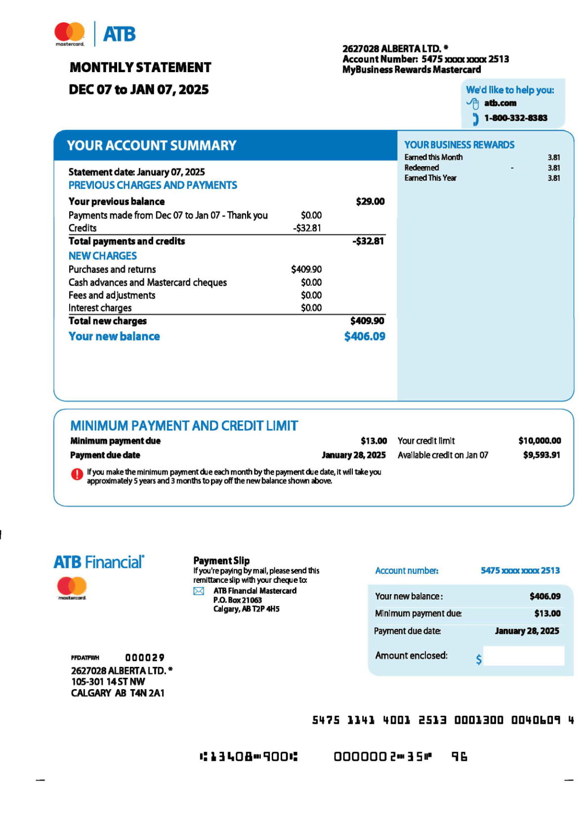 Example ATB Financial credit card statement