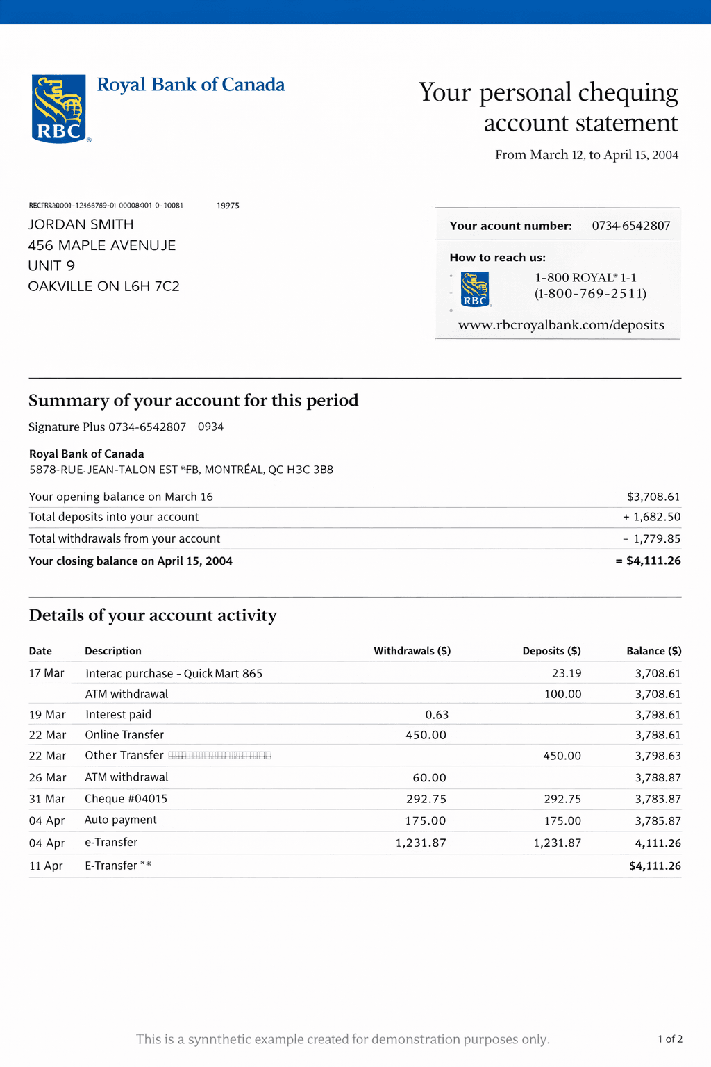 Example Royal Bank bank statement