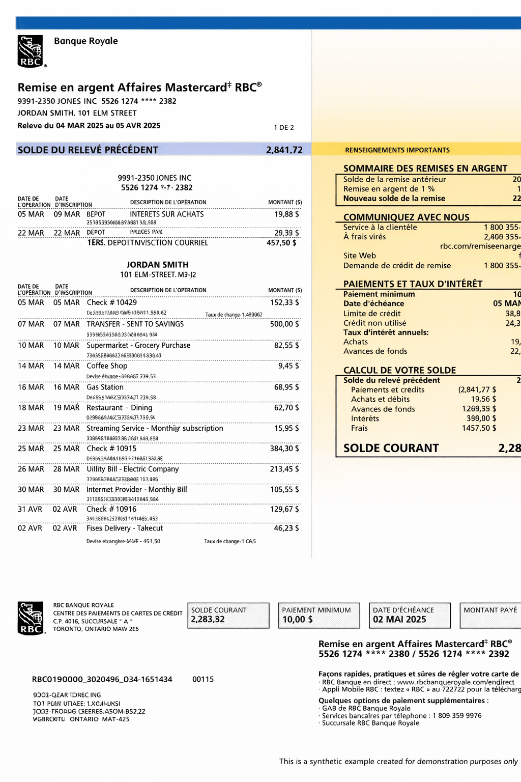 Example Royal Bank credit card statement
