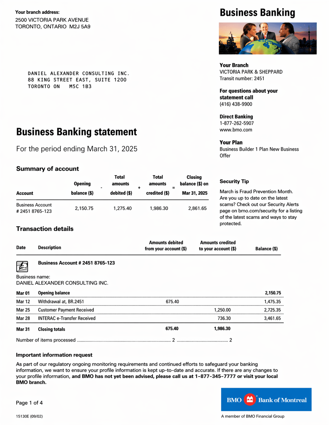 How BMO formats their bank statement