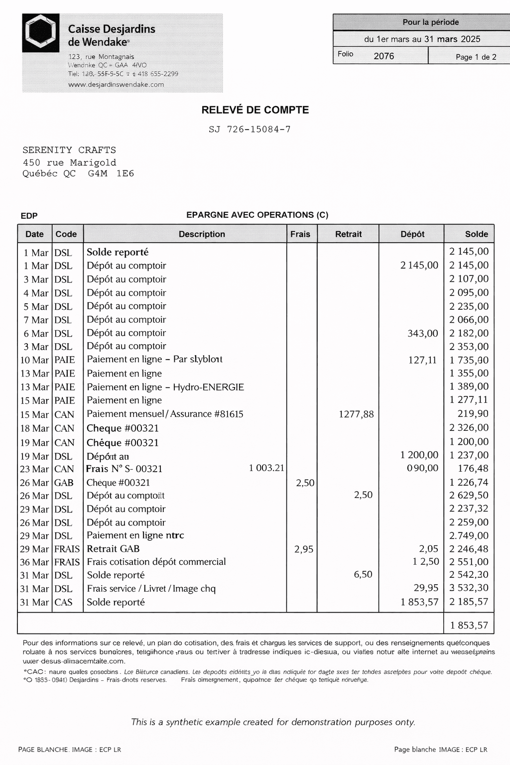 Example Desjardins bank statement