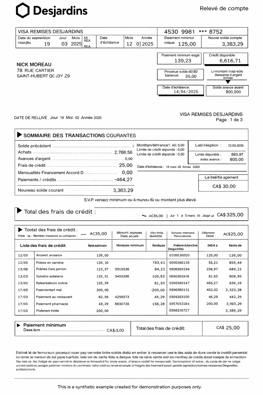 Example Desjardins credit card statement