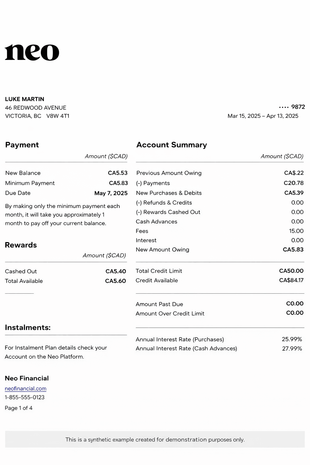 Example Neo Financial credit card statement