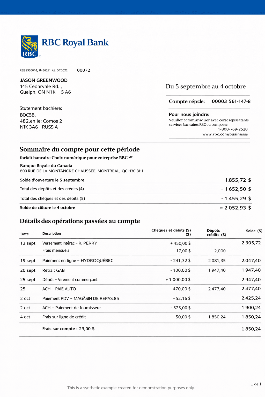 RBC Royal Bank statement