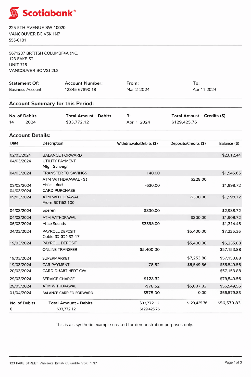 Example Scotiabank bank statement