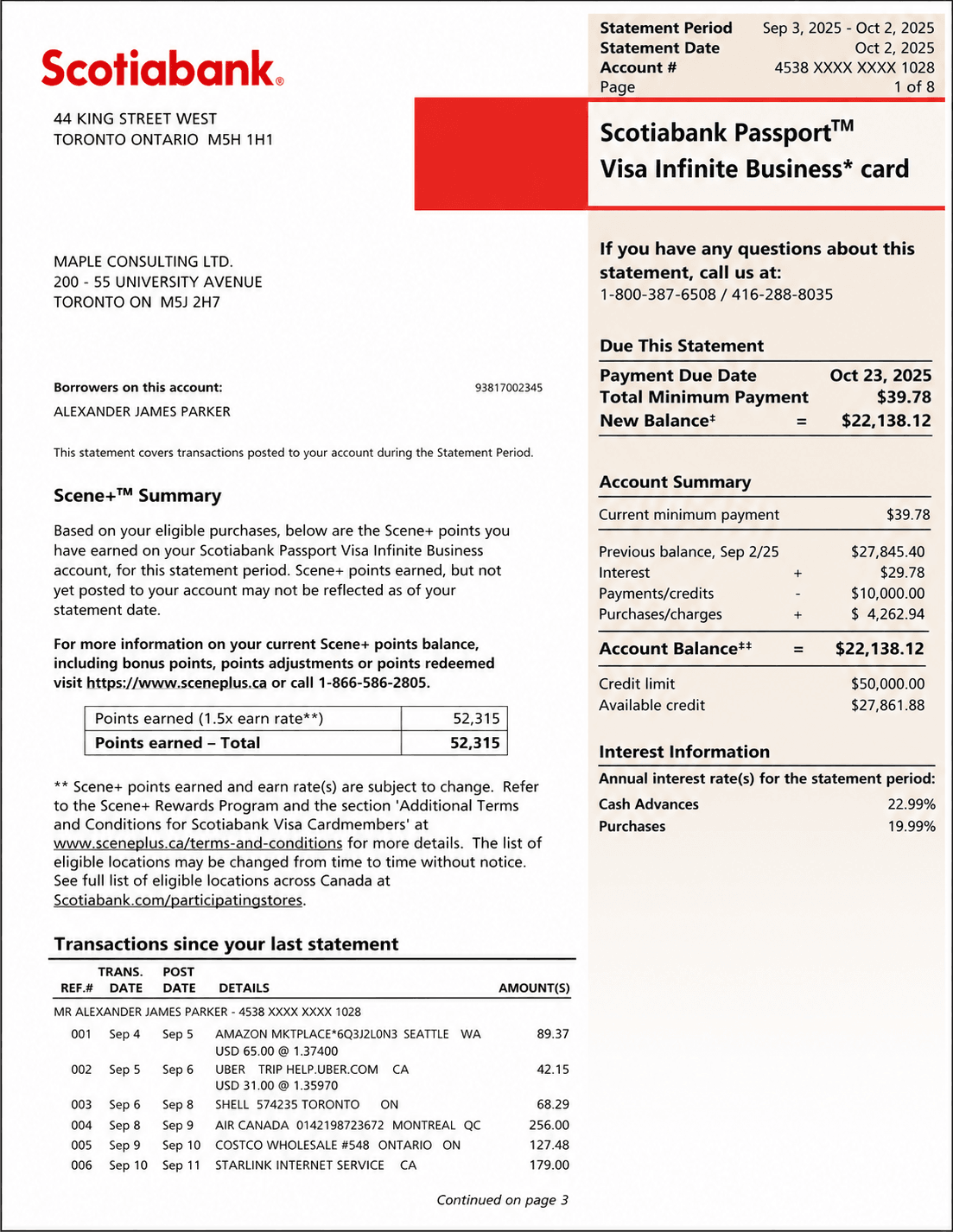 Example Scotiabank credit card statement