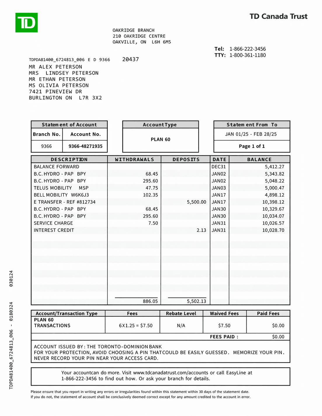 Example TD Canada Trust bank statement