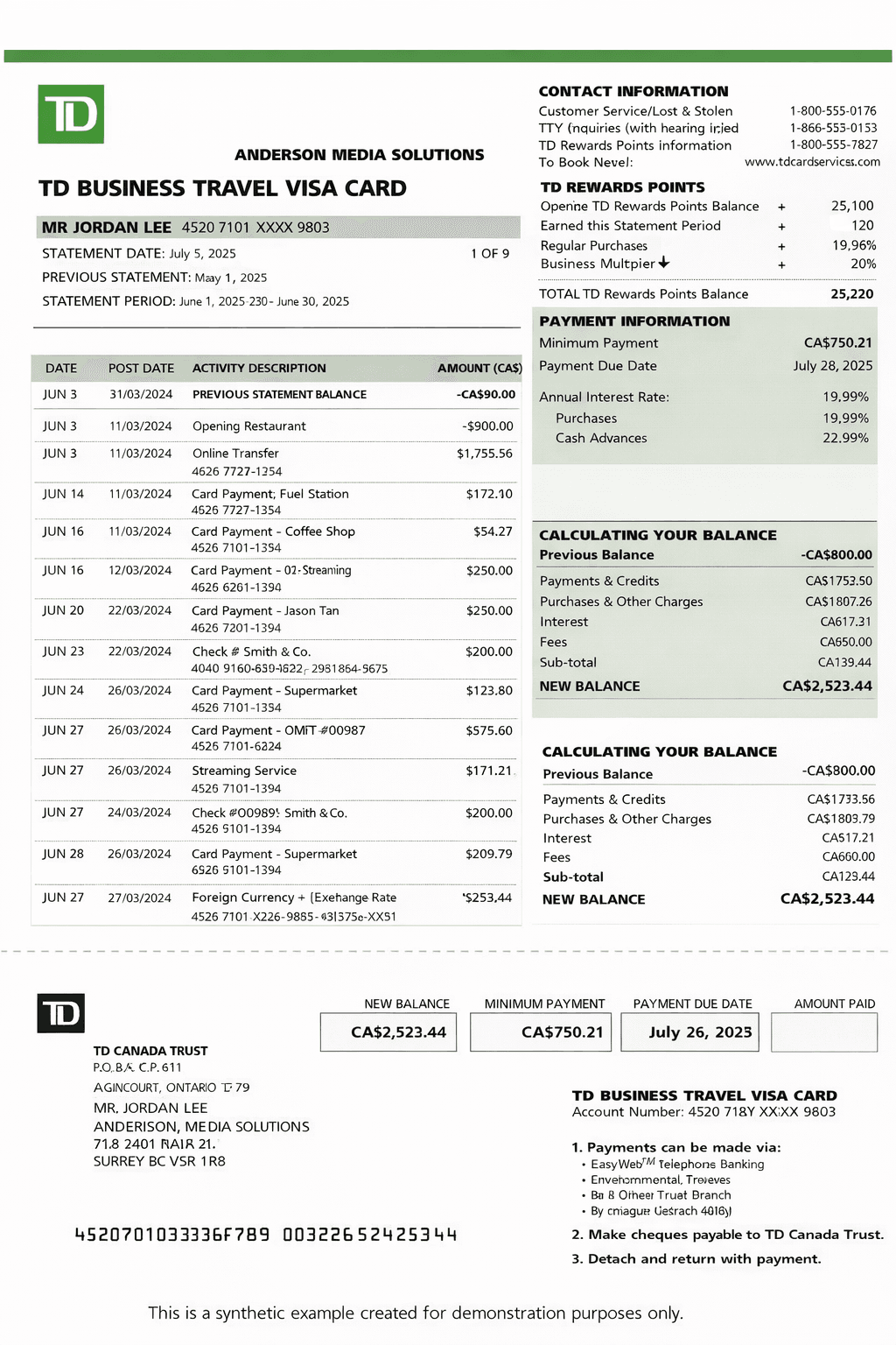 Example TD Canada Trust credit card statement