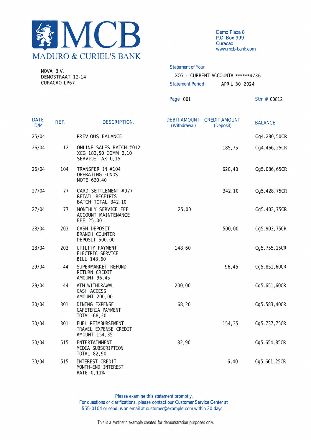 Example MCBの銀行明細書