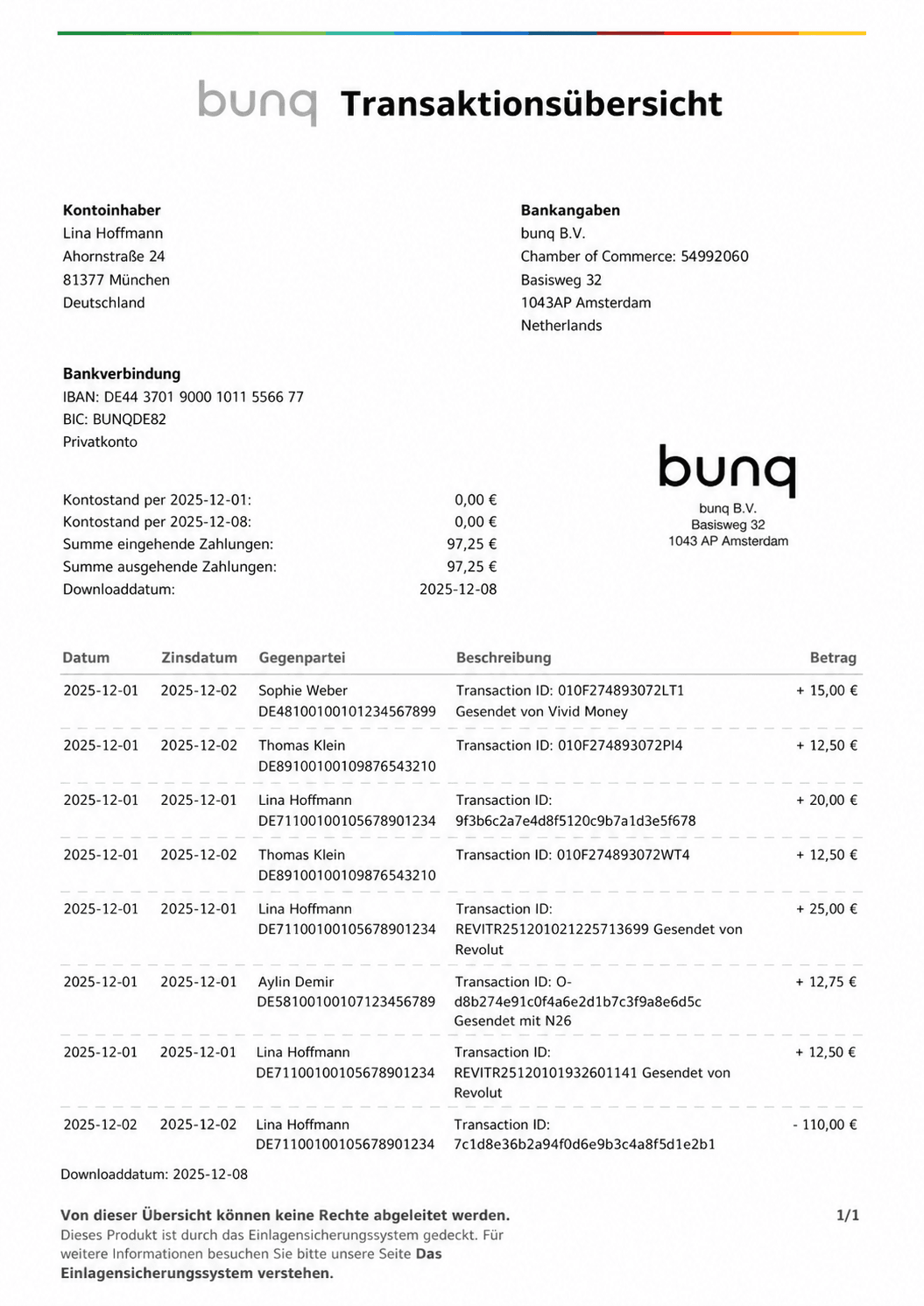 Example Bunq bank statement