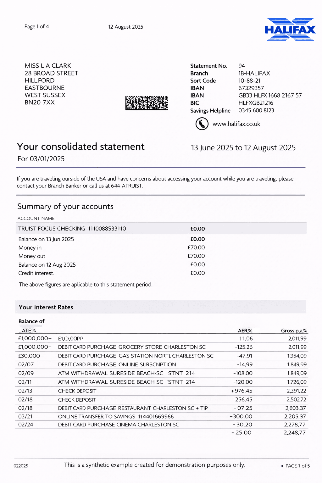 Example Halifax bank statement