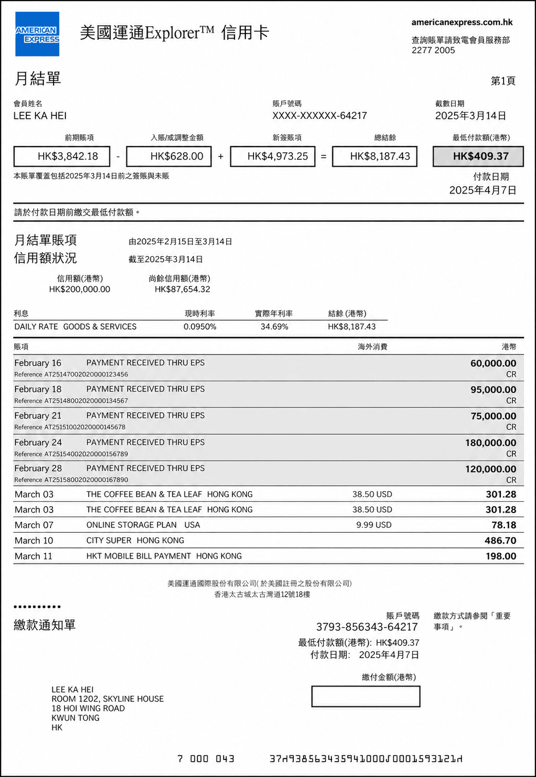 Example AmEx credit card statement
