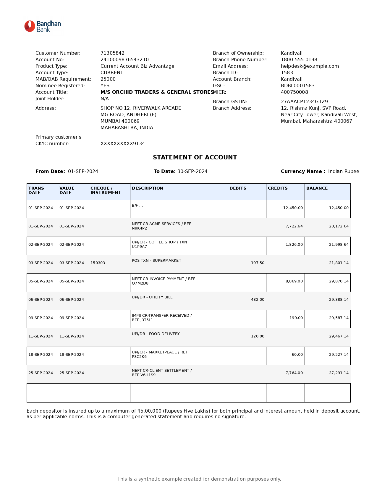 Example Bandhan Bank bank statement
