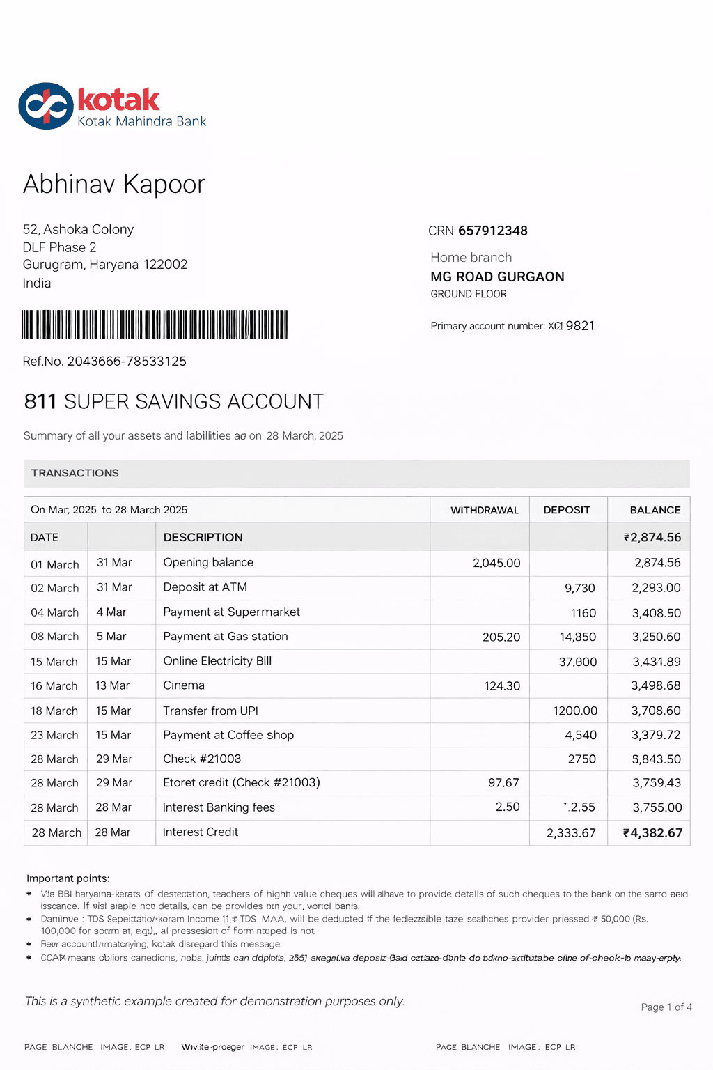 Example Kotak Mahindra Bank bank statement