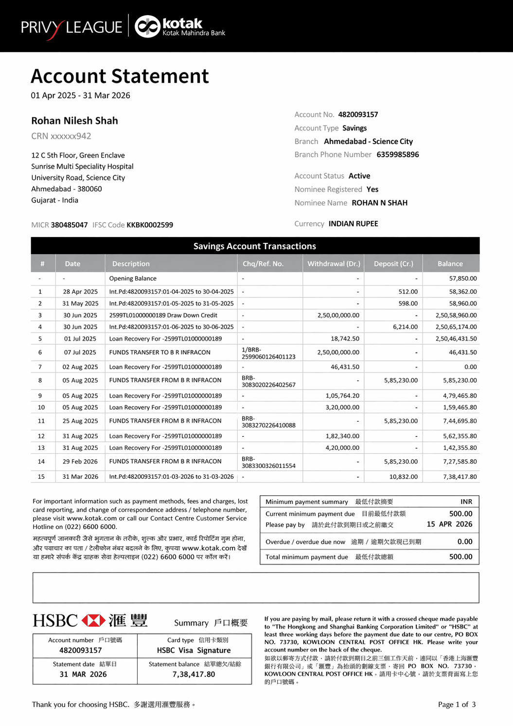 Example Kotak Mahindra Bank bank statement