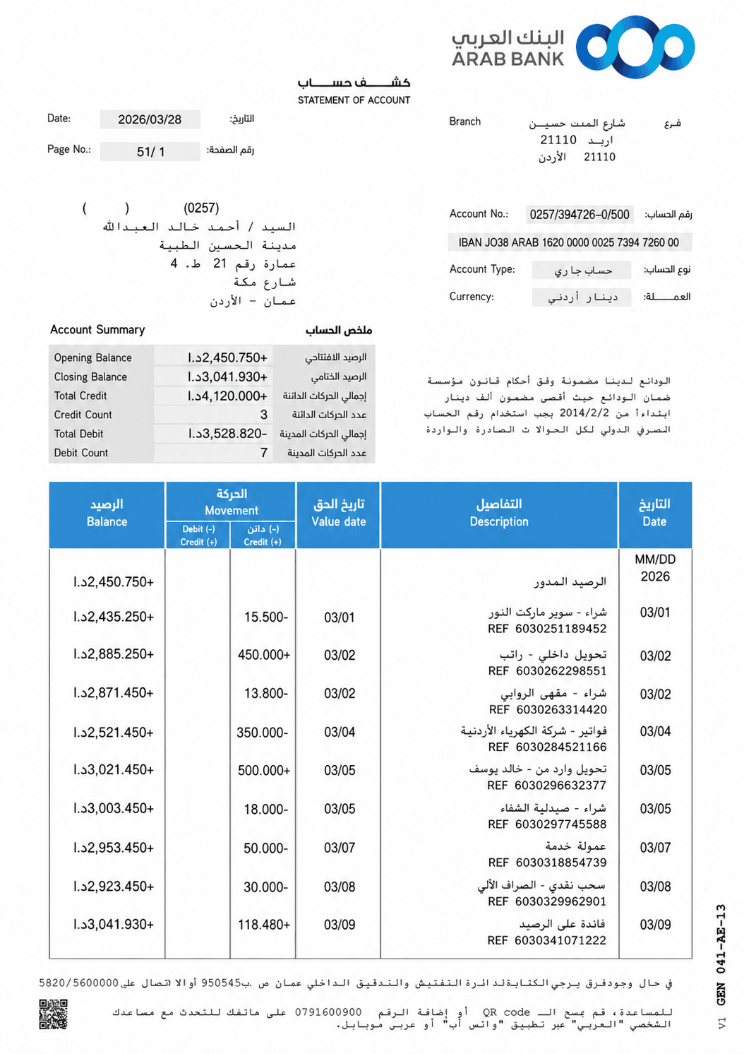 Example Arab Bank bank statement