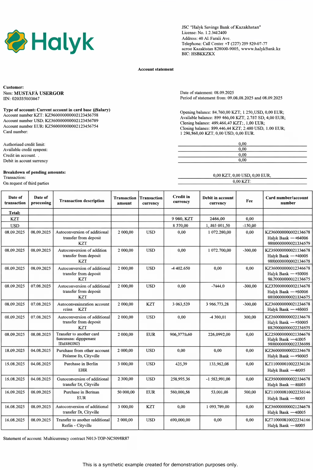 Example Halyk bank statement