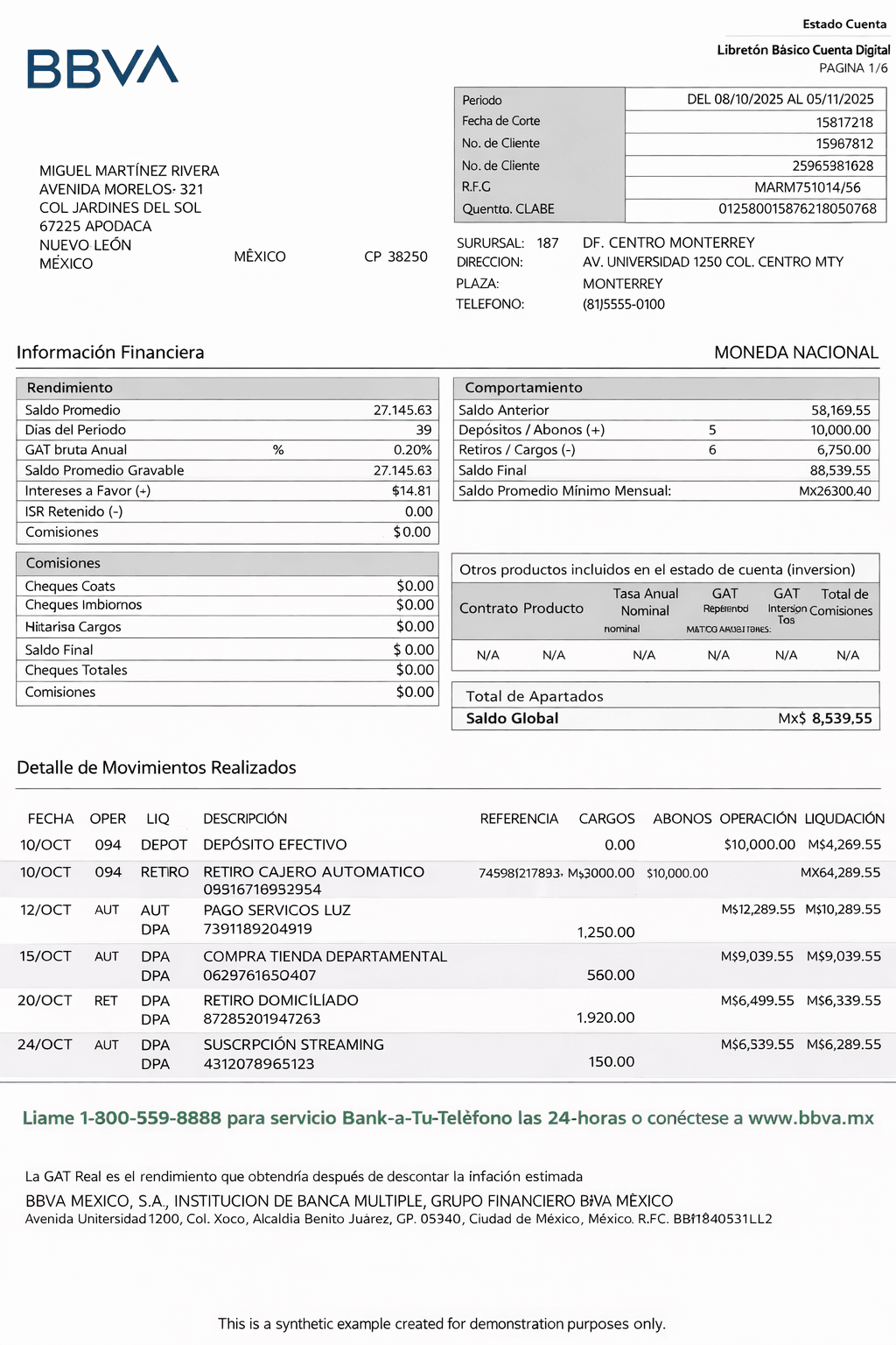 Example BBVA MEXICO bank statement