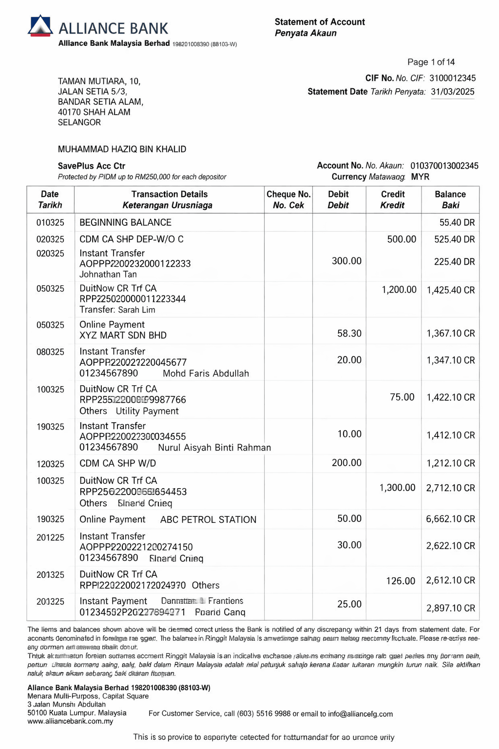 Example Alliance Bank bank statement