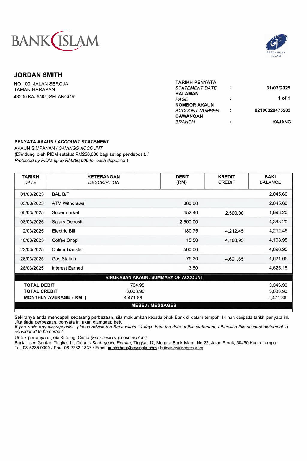 Example Bank Islam bank statement