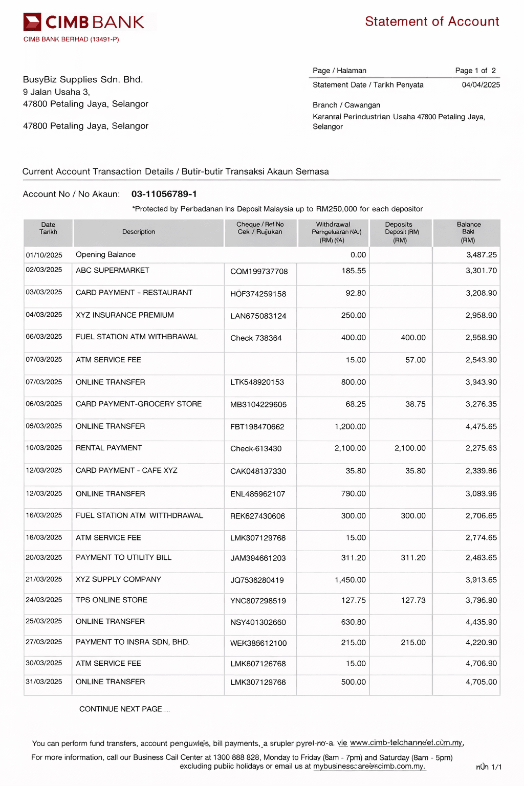 Example CIMB Bank bank statement