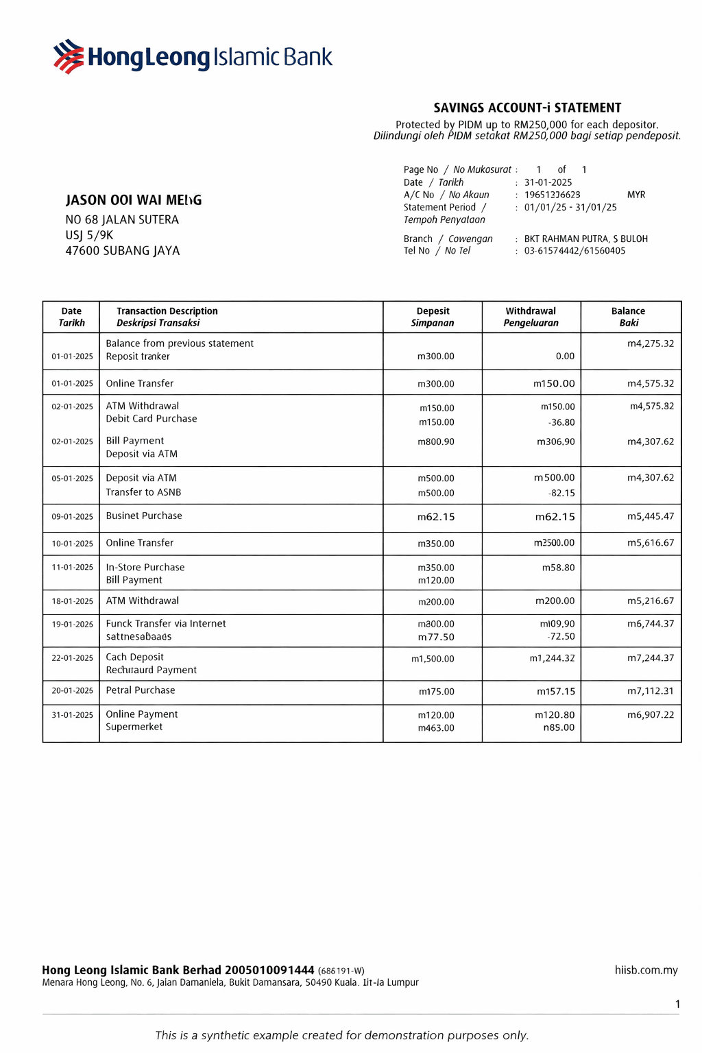 Example Hong Leong Bank bank statement