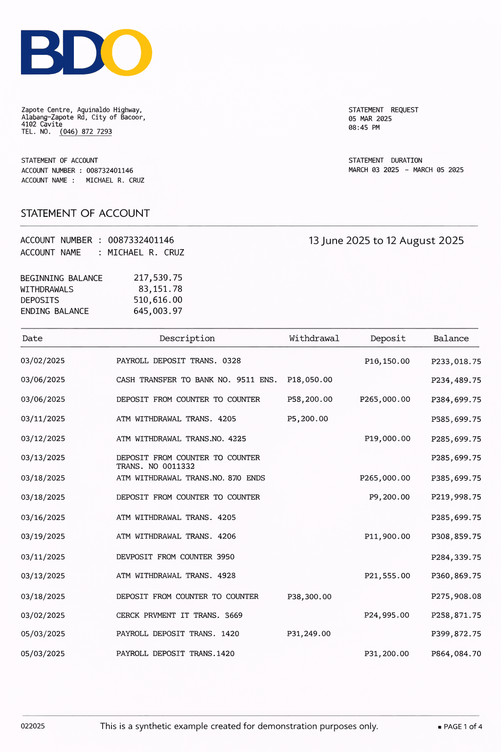 Example BDO bank statement
