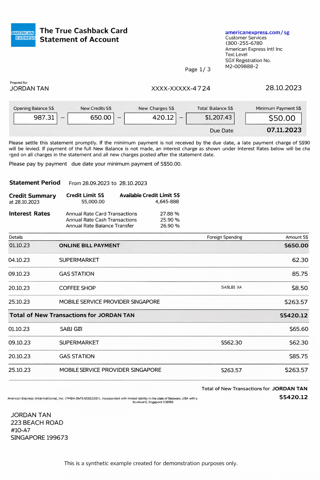 Example American Express credit card statement
