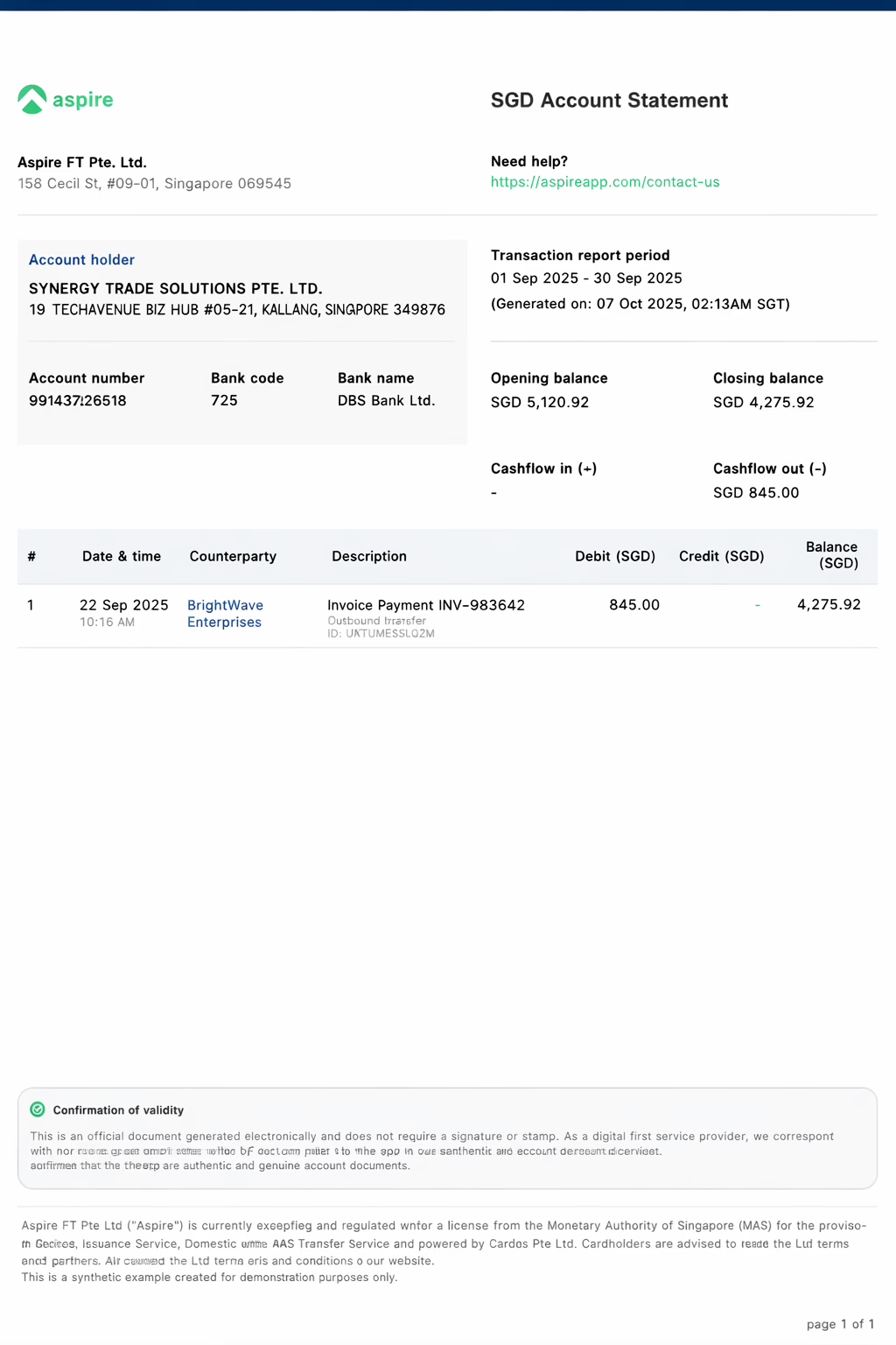 Example Aspire bank statement