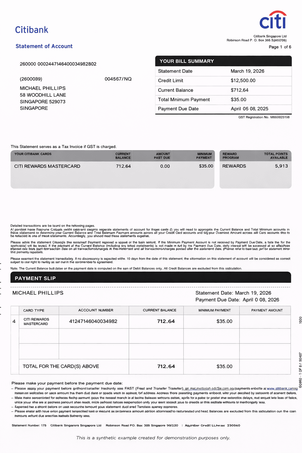 Example Citi credit card statement