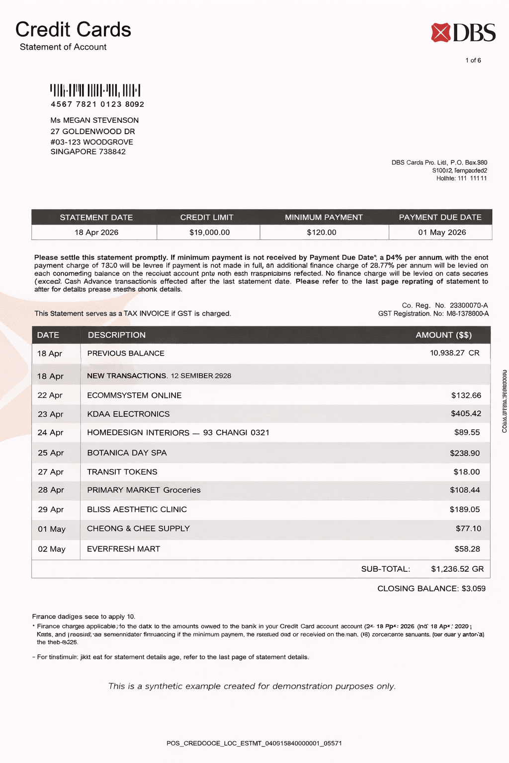 Example DBS credit card statement