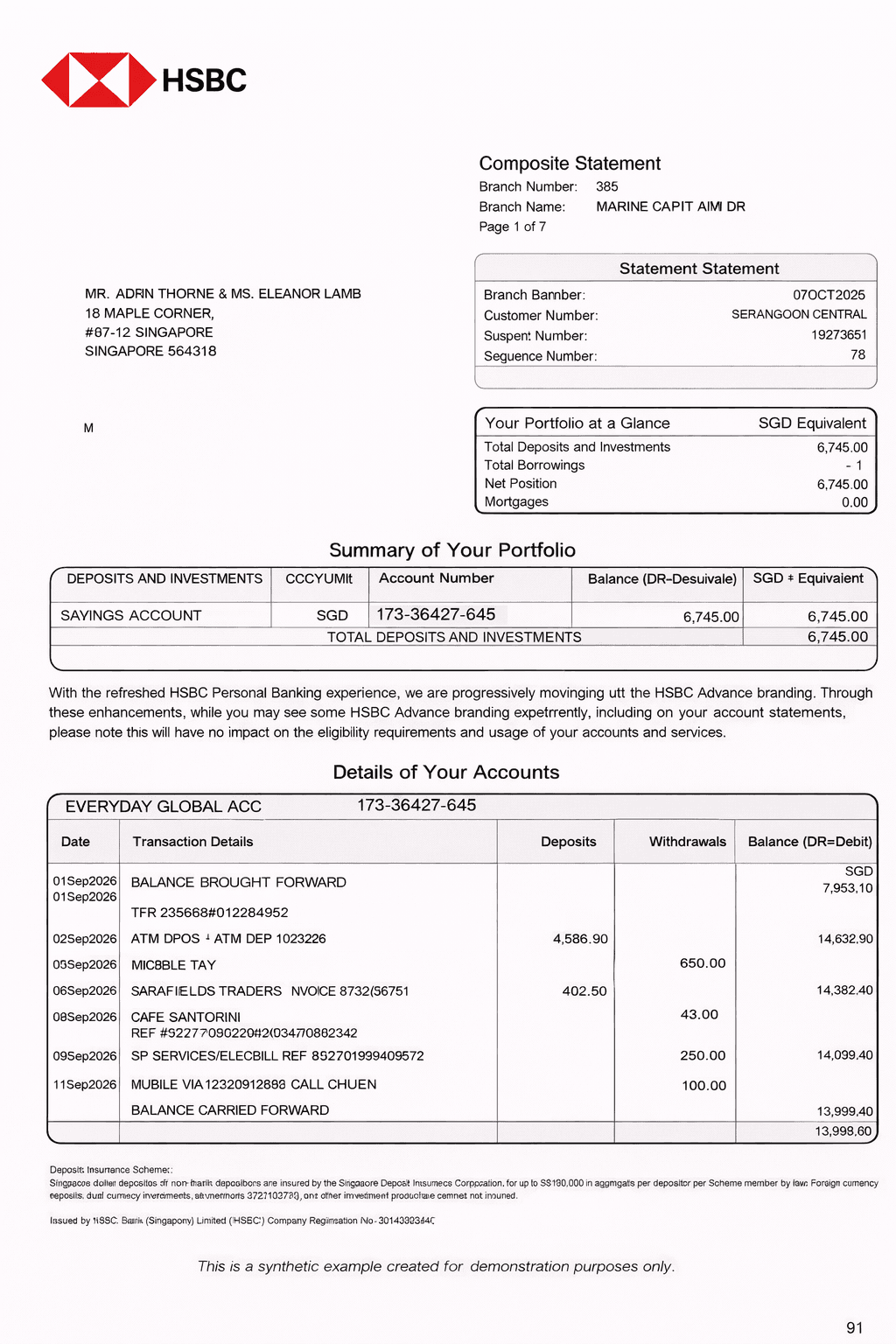 Example HSBC bank statement