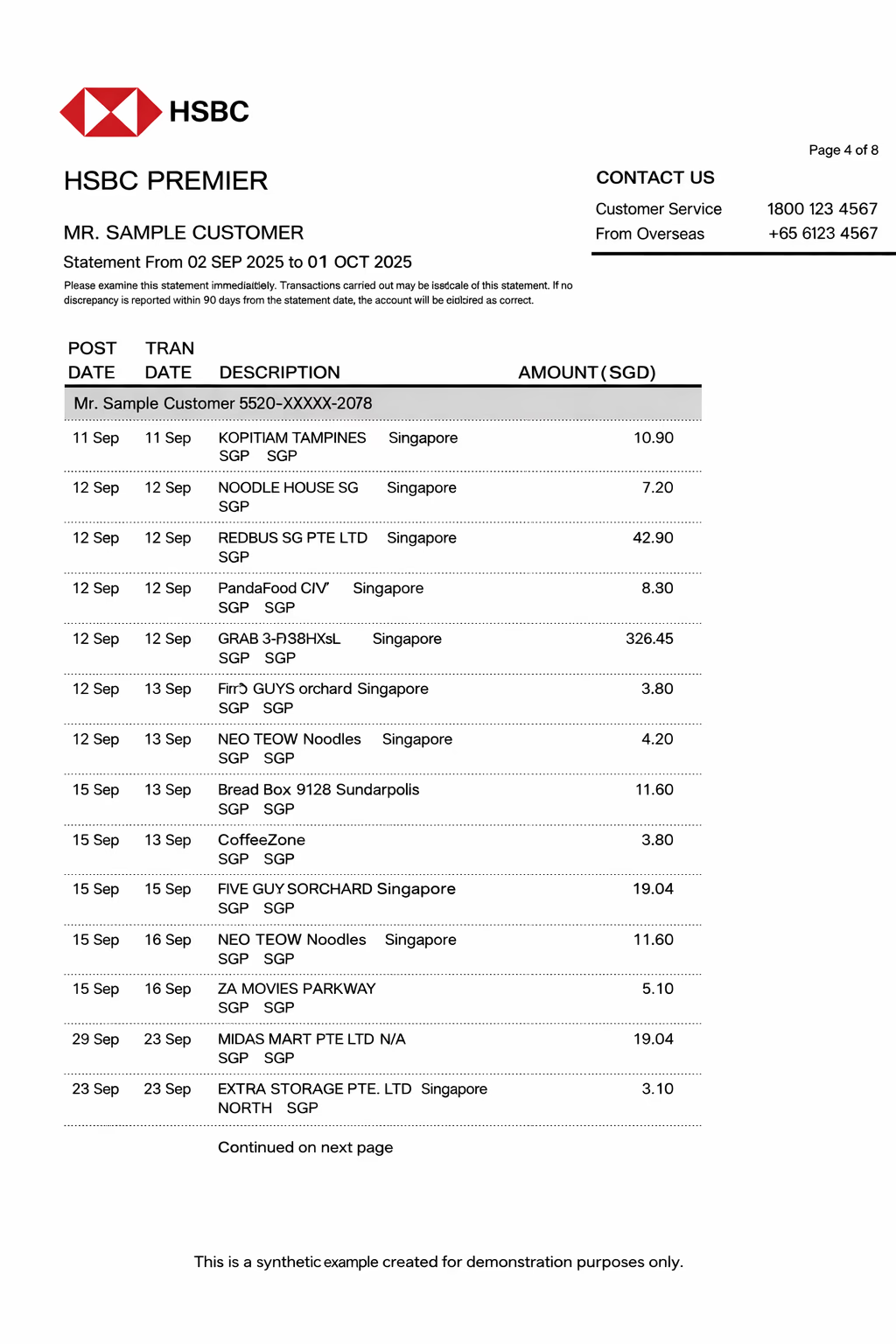 Example HSBC credit card statement