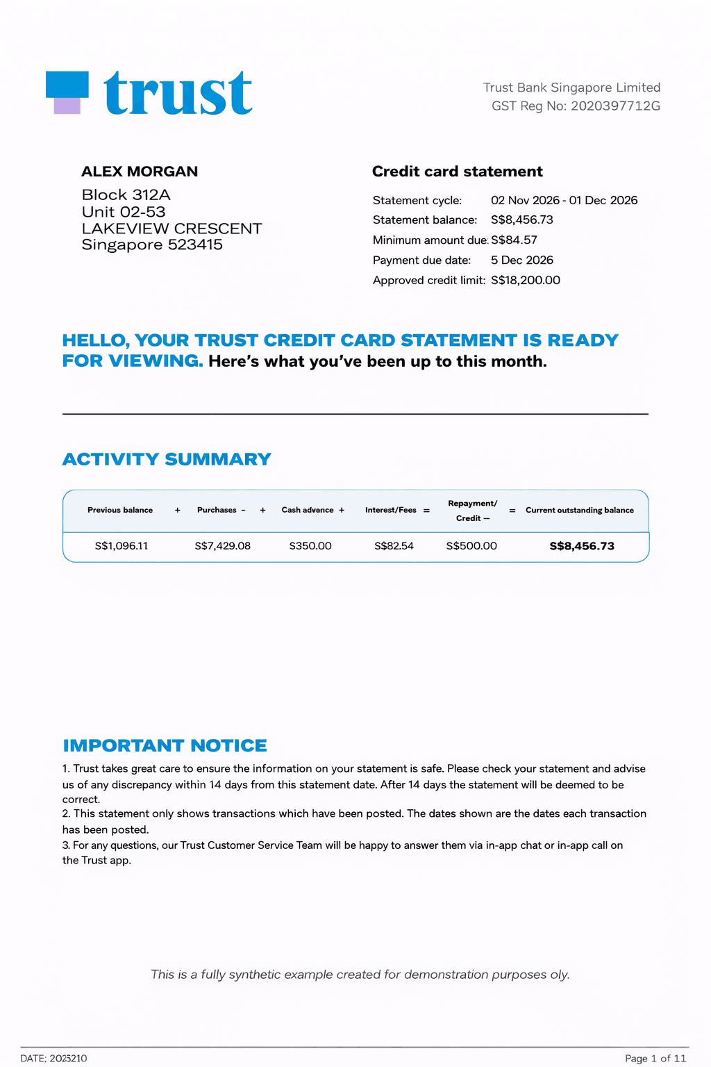 Example Trust Bank credit card statement