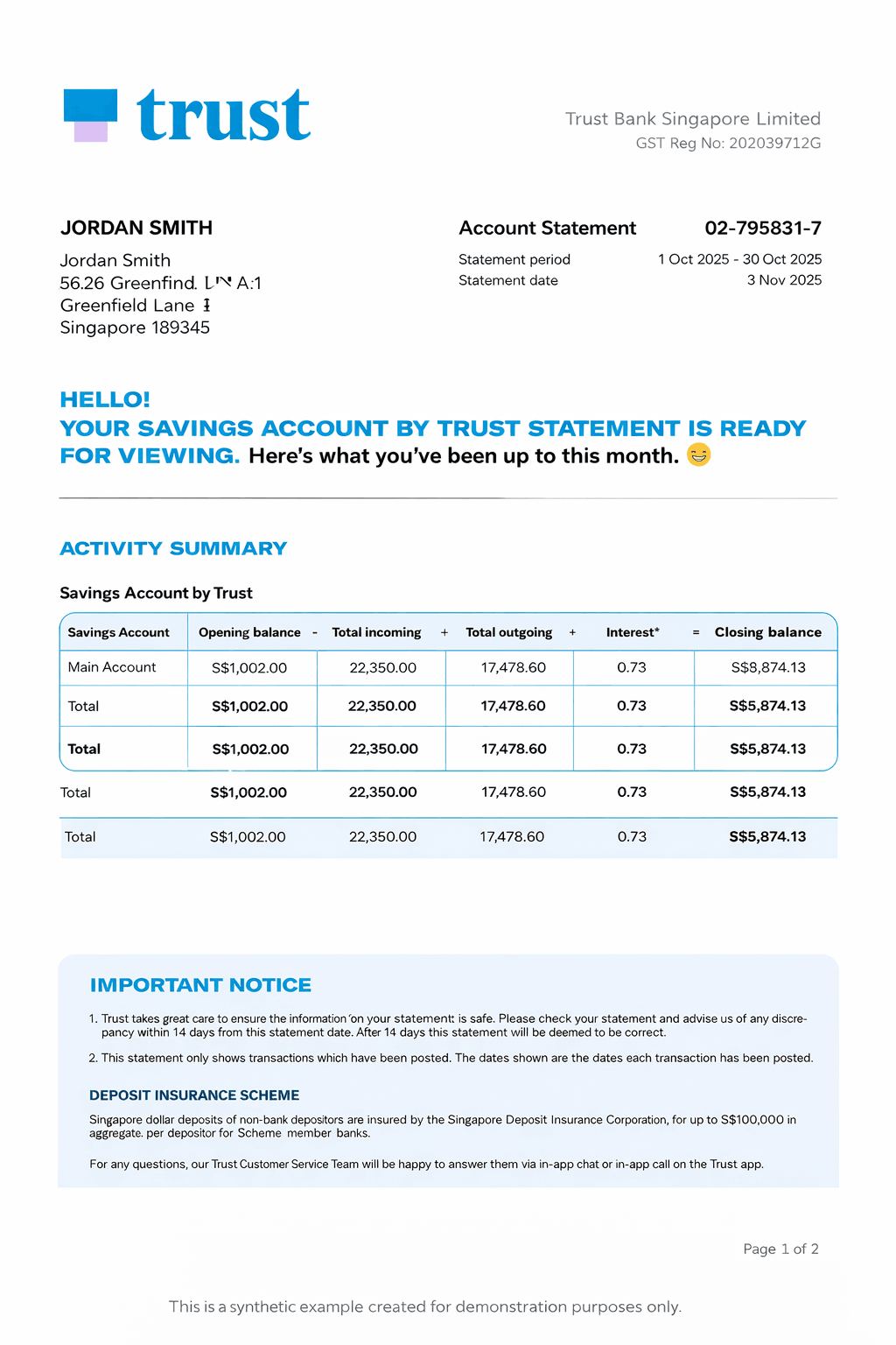 Example Trust Bank bank statement