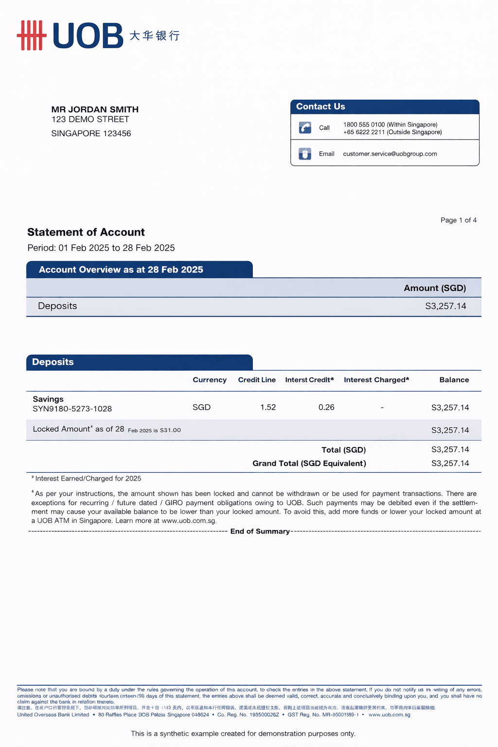 Example UOB bank statement