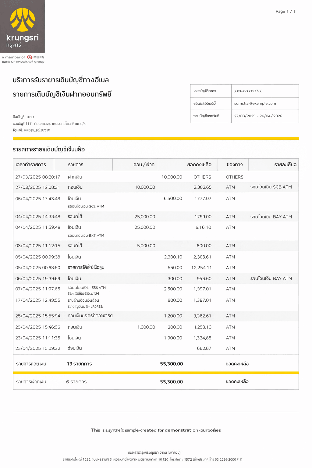 Example Krungsri bank statement
