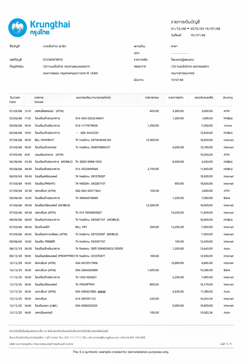 Example Krungthai bank statement