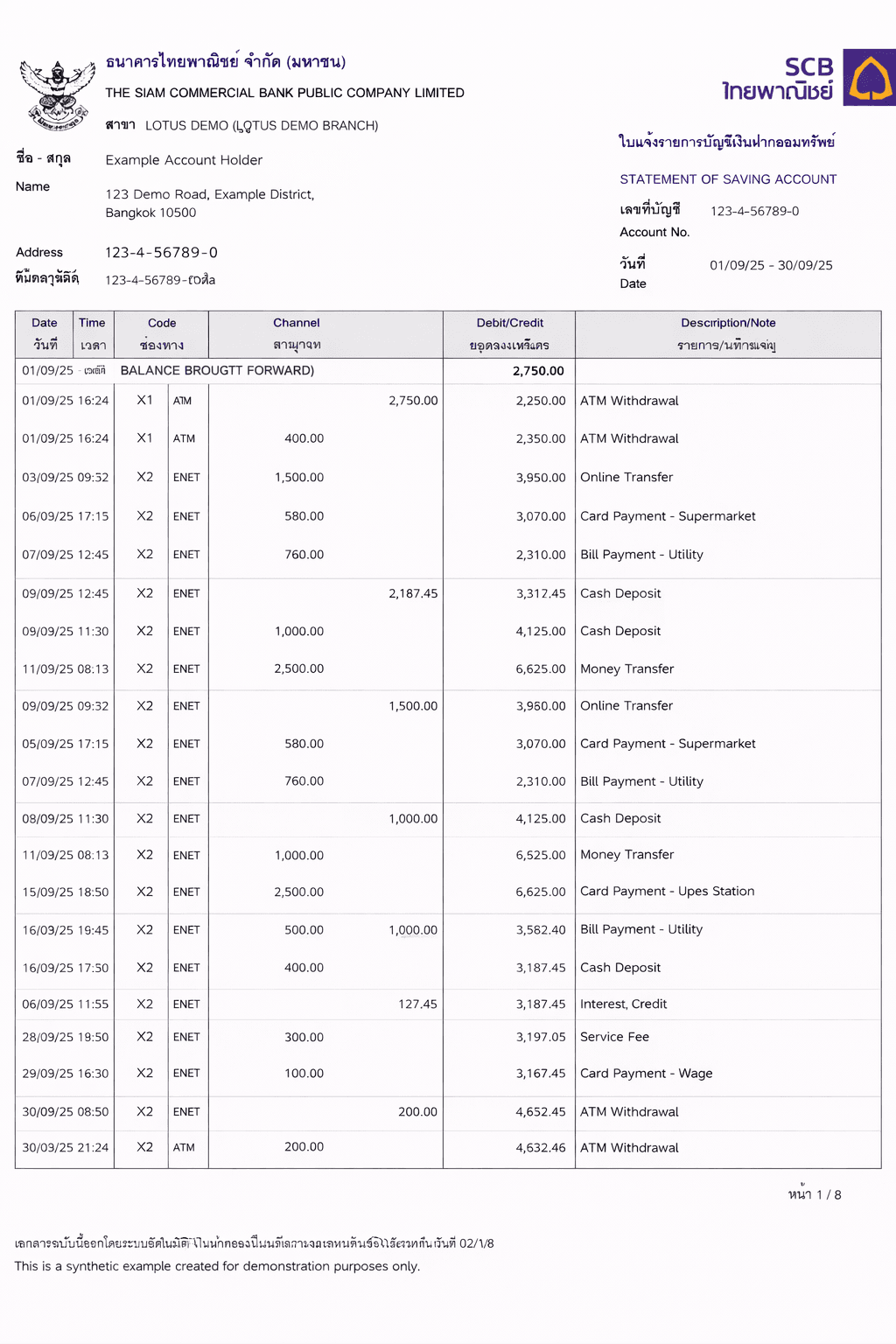 Example SCB bank statement