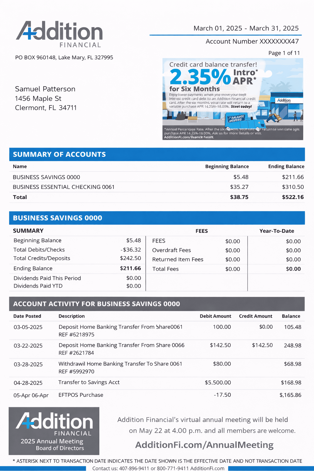 Example Addition Financial bank statement